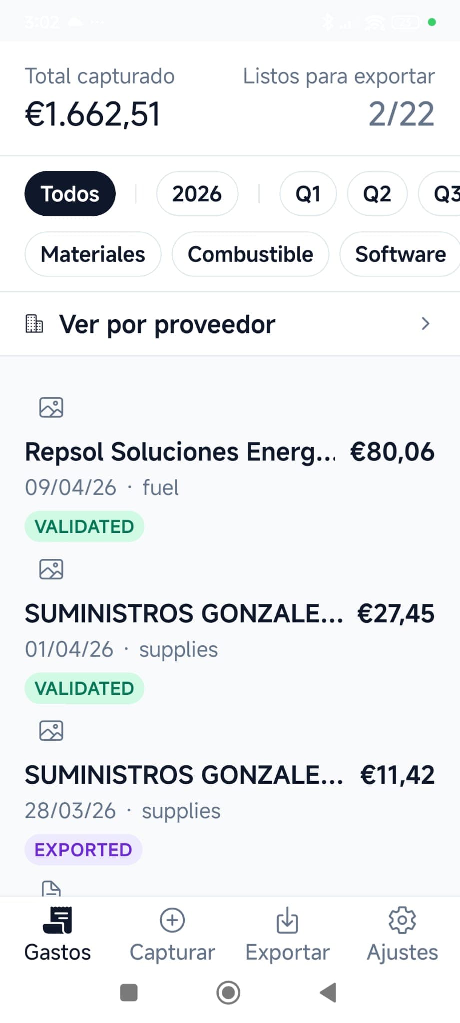Pantalla de gastos en SinTrámite